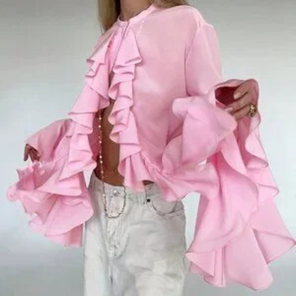ZARA Pink Party Women's Ruffle Front & Bell Sleeves Chiffon Blouse